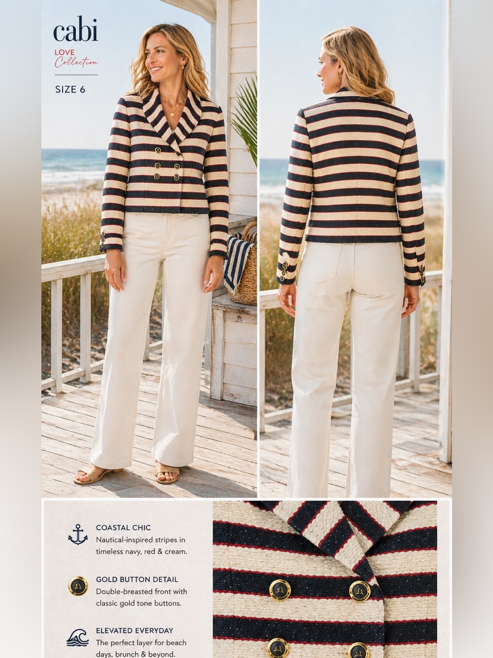 Cabi Blazer Jacket womens sz 6 Navy Red Cream Stripe Nautical Gold Button preppy